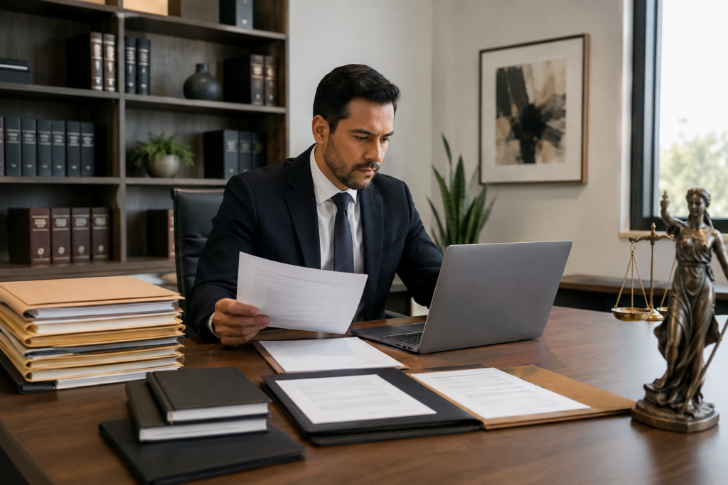 Lawyer in a dark suit reviews a document at a wooden desk with a laptop, folders, and legal decor in a law office.