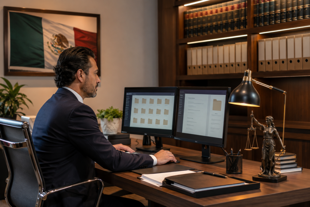 Lawyer in a dark suit working at a desk with two monitors in a law office, Mexican flag on the wall and a Lady Justice statue nearby.