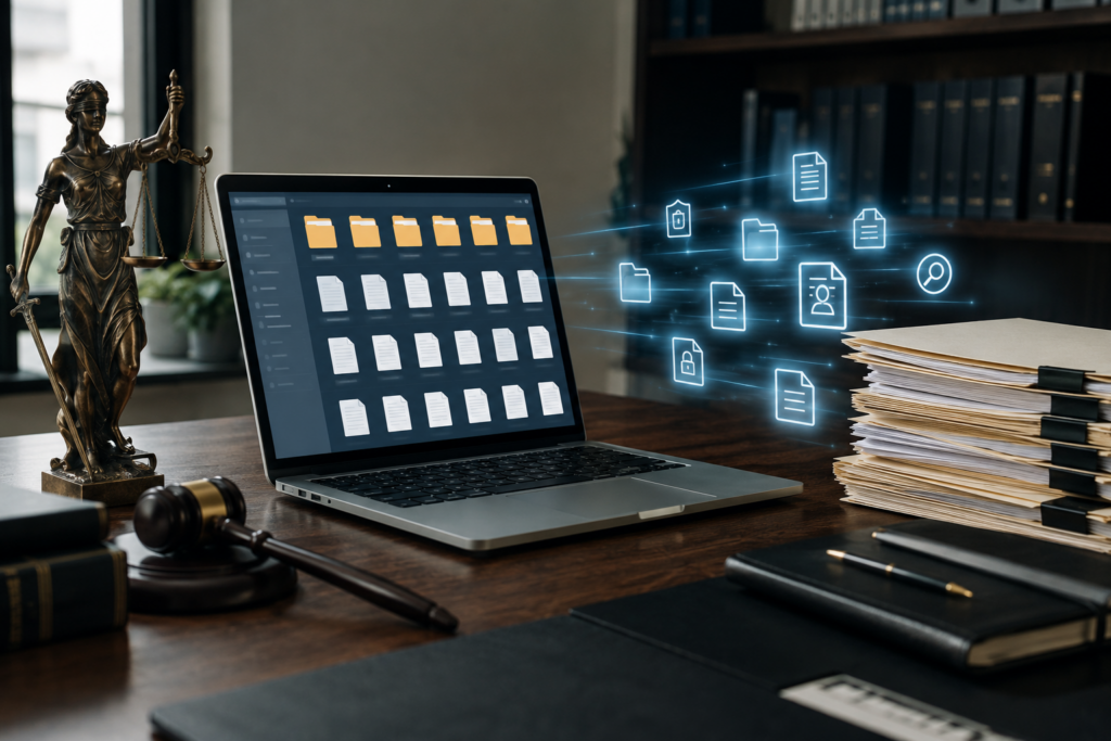 Laptop on a wooden desk showing many file icons; holographic legal documents and folders float beside it in a law-office setting, with a gavel and Lady Justice statue nearby.