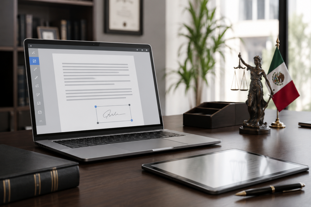 Laptop showing a signed document on a lawyer’s desk, with a tablet, pen, scales of justice statue, and a Mexican flag nearby.