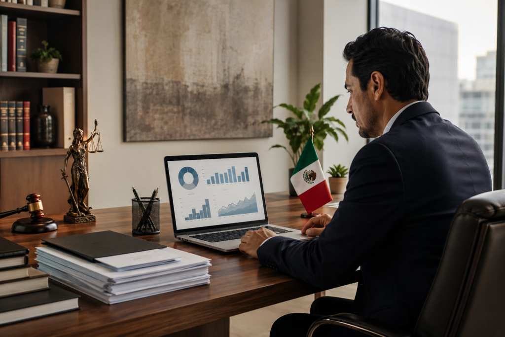 Businessman at a wooden desk typing on a laptop displaying charts, with a Mexican flag, a gavel, and a Statue of Lady Justice nearby.