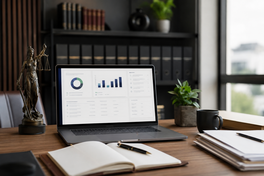 Laptop on a wooden desk shows charts; left is a statue of Lady Justice, right has a plant and a mug in a law-office setting.