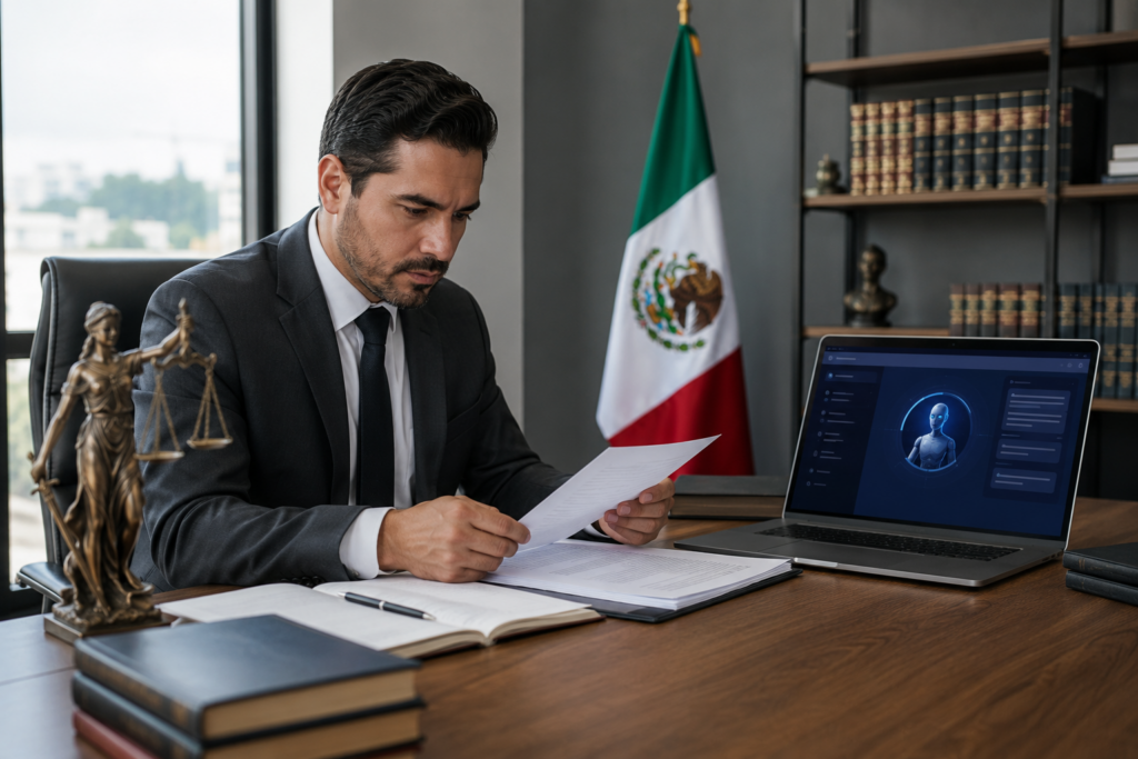 Lawyer in a suit reviews documents at a wooden desk with a laptop open and the Mexican flag in the background.