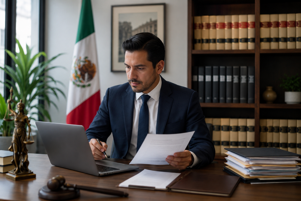 Attorney in a navy suit at his desk, reviewing a document with a laptop open; Mexican flag visible in the background.