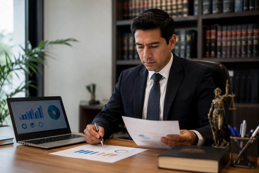 Business professional in a dark suit reviews documents at a wooden desk with a laptop displaying charts and graphs.