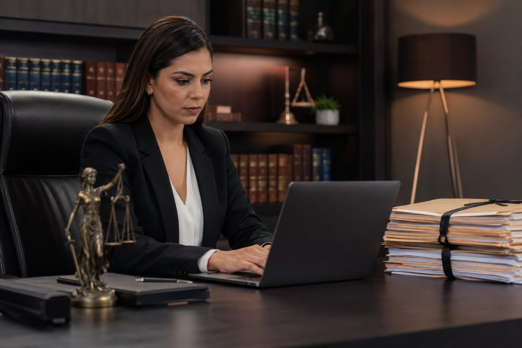 Lawyer in a black blazer types on a laptop at a dark desk with law books, a scales of justice statue, and a tall folder stack nearby.