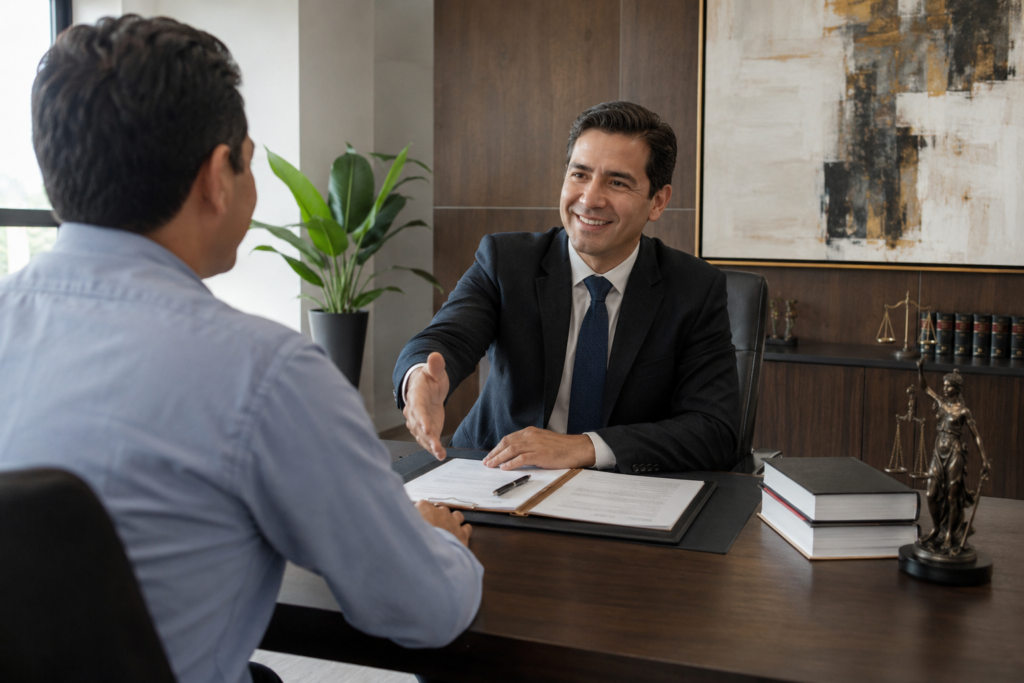 Two businessmen in a modern office shake hands over documents on a desk during a meeting.