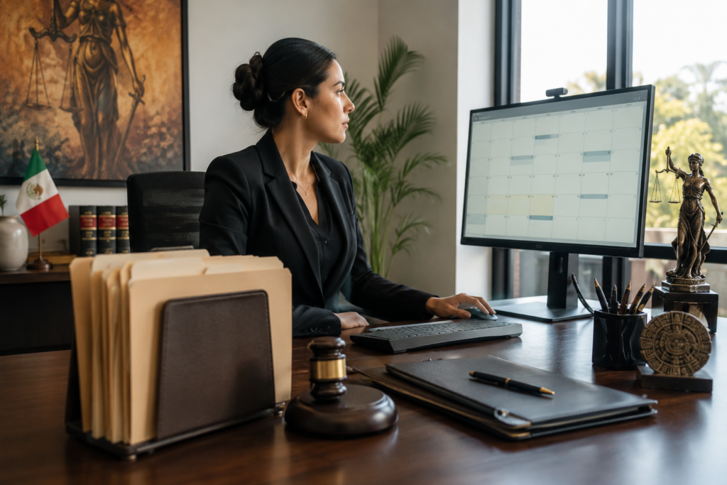 Attorney seated at a wooden desk, looking at a calendar on a computer monitor with legal symbols (gavel, scales) nearby.