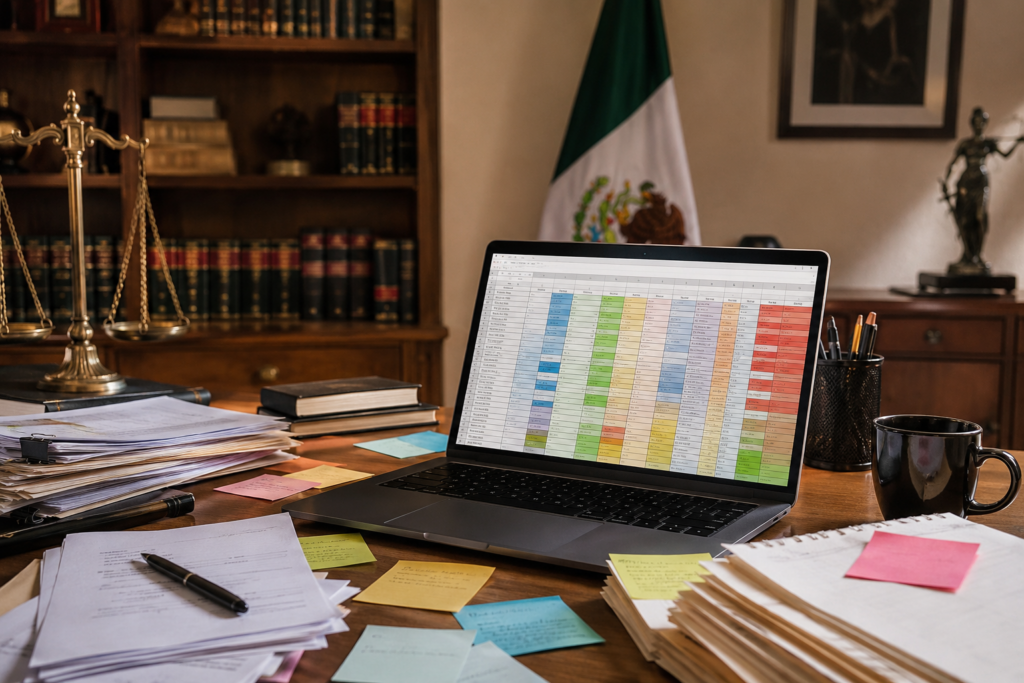 Desk cluttered with scattered papers and a laptop showing a color-coded spreadsheet; a Mexican flag in the background.