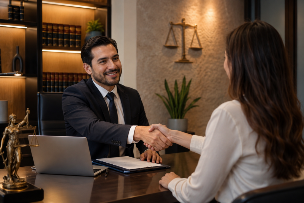 Man in a suit shakes hands with a woman across a desk in a modern law office.