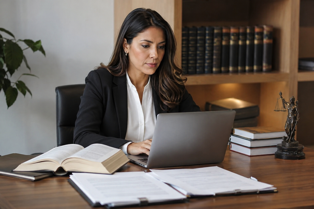 Professional woman in a black blazer typing on a laptop at a wooden desk, with legal books and a statue of justice nearby.
