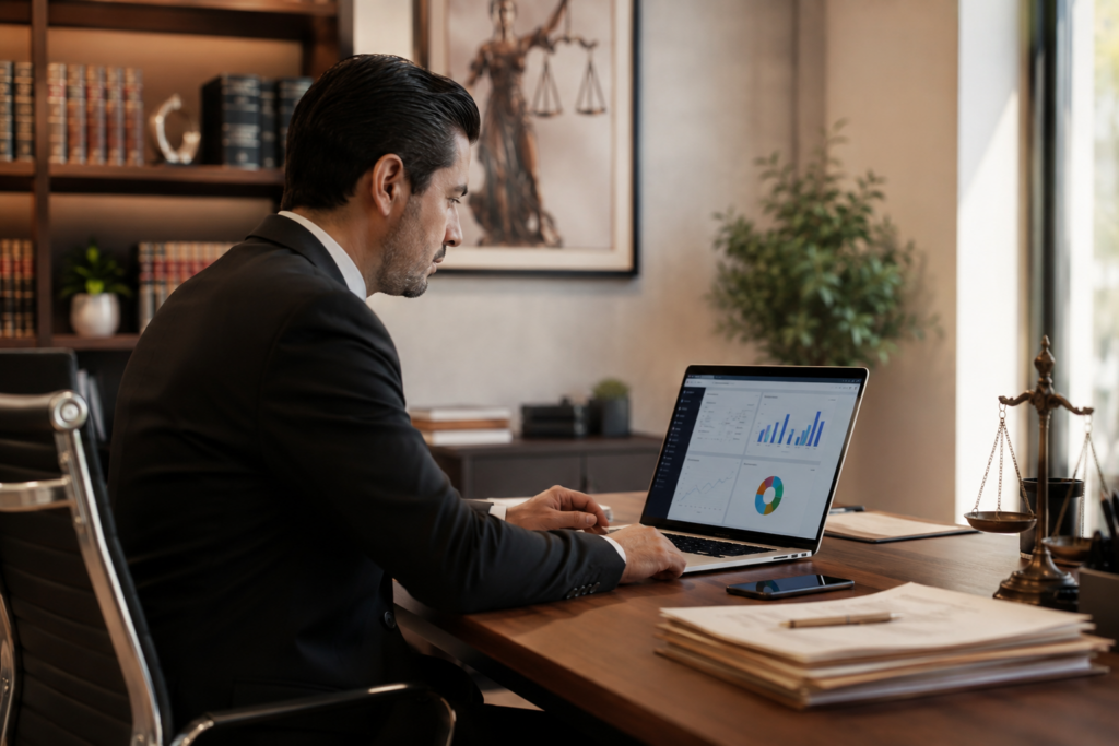 Lawyer in a suit reviews charts on a laptop at a wooden desk in a law office, with scales of justice on the right.