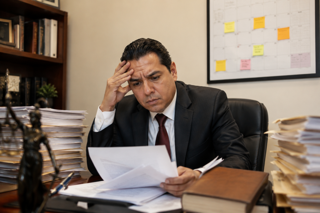 Man in a dark suit sits at a cluttered desk, holding his forehead while reading papers.