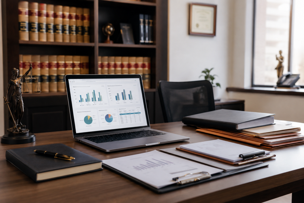 Desk of a law office with an open laptop showing charts, surrounded by folders, a notebook and documents on a wooden desk while a statue of Lady Justice stands nearby.